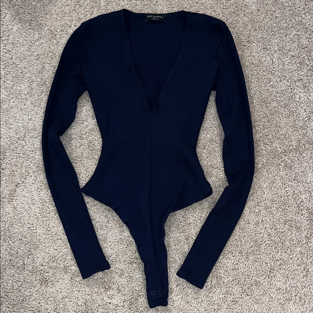 naked wardrobe Navy Ribbed Long Sleeve V-Neck Bodysuit